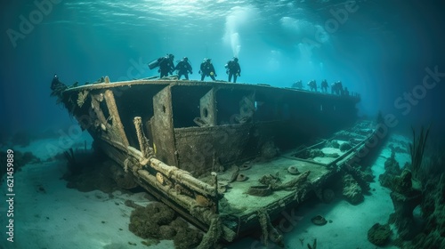 Divers exploring a large shipwreck
