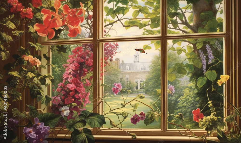  a painting of a window with a view of a garden.  generative ai