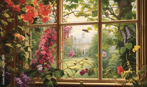  a painting of a window with a view of a garden.  generative ai © Anna