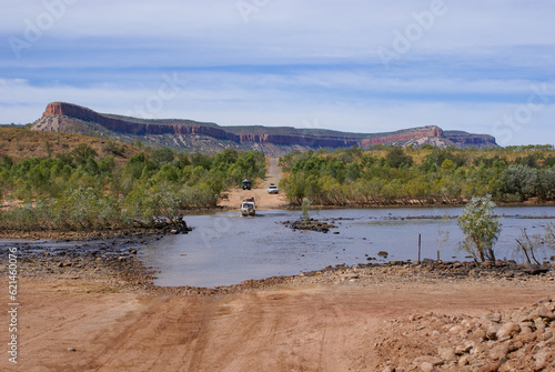 Pentecost river crossing with the orange cliffs of the Cockburn Range in the Kimberleys, Western Australia