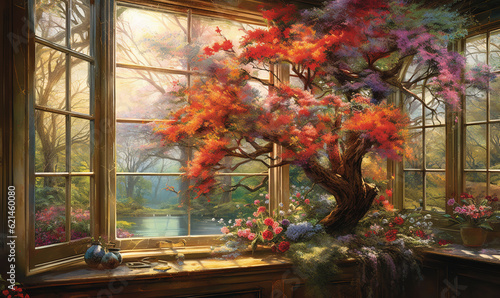  a painting of a tree in a window sill with flowers.  generative ai