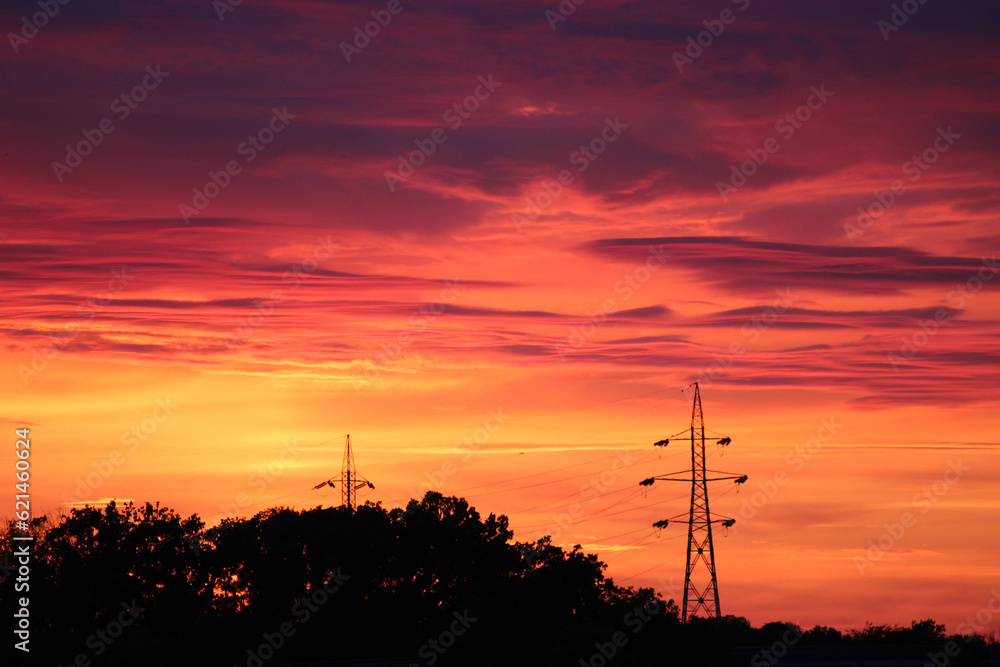 Fire Colors Summer Sunset Horizon Landscape With Storm Clouds Forming At Twillight