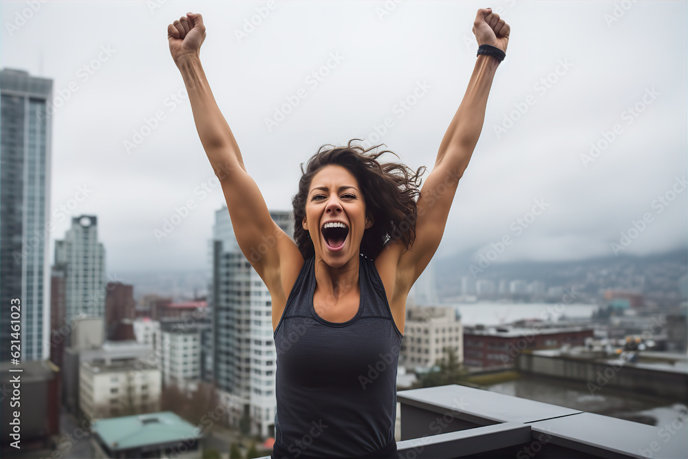 Woman a top of the building celebrating of victory and success, big city behind Woman a top of the building celebrating of victory and success, big city behind