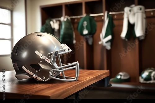 A football helmet on a locker room bench wallpaper Fototapeta