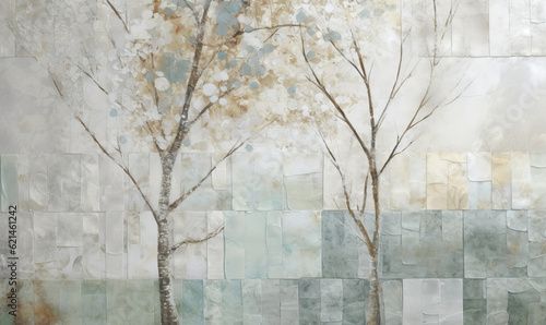  a painting of two trees in front of a tiled wall. generative ai
