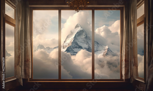  a window view of a mountain with clouds and a chandelier. generative ai
