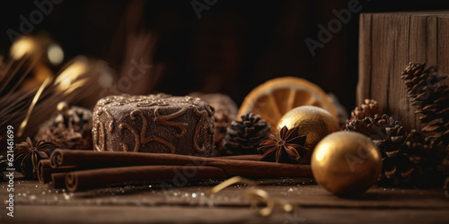 Cinnamon stick, cake or cookie, Sweet and Christmas decoration on a wooden table. Abstract Christmas or New Year Background, copy space