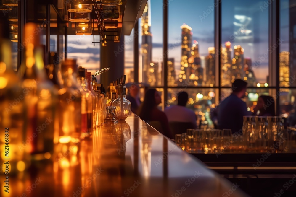 An urban rooftop bar with customers - obrazy, fototapety, plakaty 