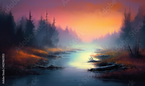  a painting of a river at sunset with trees in the background. generative ai