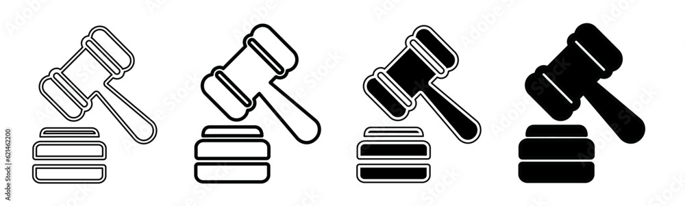 Black and white illustration of a hammer of justice. Hammer of justice icon collection with line. Stock vector illustration. Black and white illustration of a hammer of justice. Hammer of justice icon collection with line. Stock vector illustration.