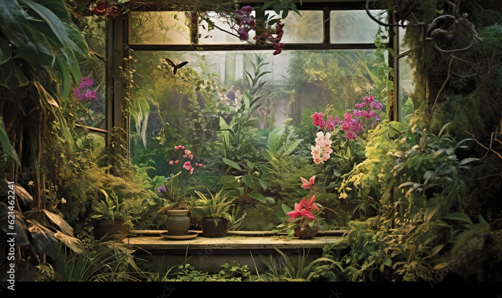  a window in a room filled with lots of plants and flowers.  generative ai