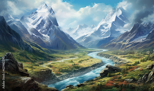  a painting of a mountain valley with a river running through it. generative ai