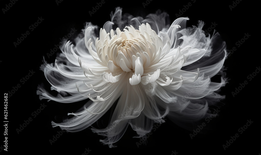  a white flower with a black background is in the air.  generative ai