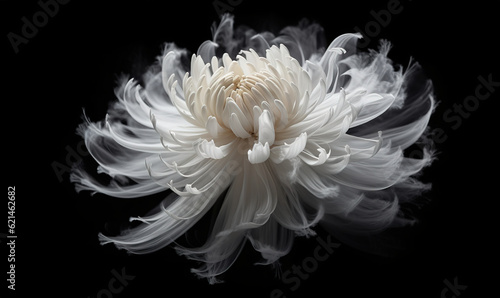  a white flower with a black background is in the air. generative ai