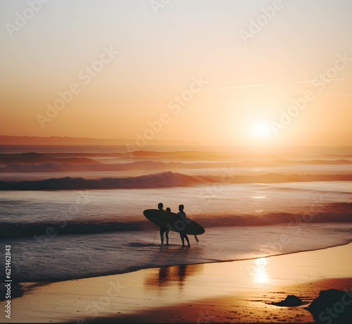 friends runs to sunset sea. Beach holidays travel concept
,  generative AI 
