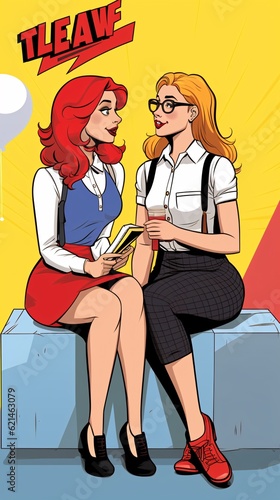 modern take on a Roy Lichtenstein-inspired comic strip featuring a lesbian couple