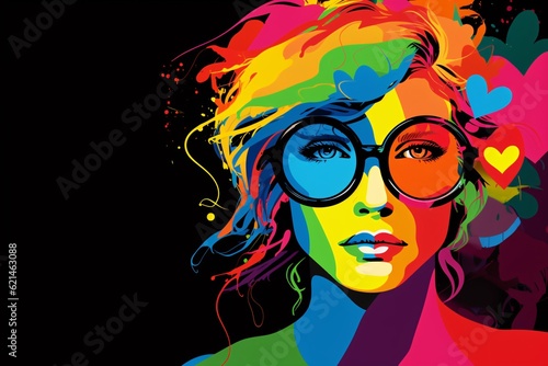 vibrant pop art piece that combines the rainbow flag of the LGBTQ+ community with iconic symbols of love and unity
