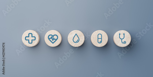 cubes with medical symbols. wood block cube shape with icon healthcare medical, Insurance for your health concept. web banner