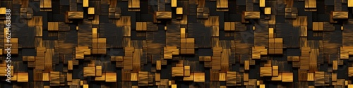 Abstract dark geometric luxurious noble gold black 3d texture wall with squares and rectangles background banner illustration panorama long, textured wallpaper, seamless pattern (Generative Ai)