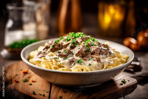 Delicious Beef Stroganoff on a Wooden Table Created with generative AI tools