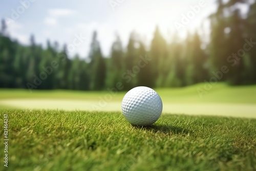 A golf ball on a tee with an empty golf course