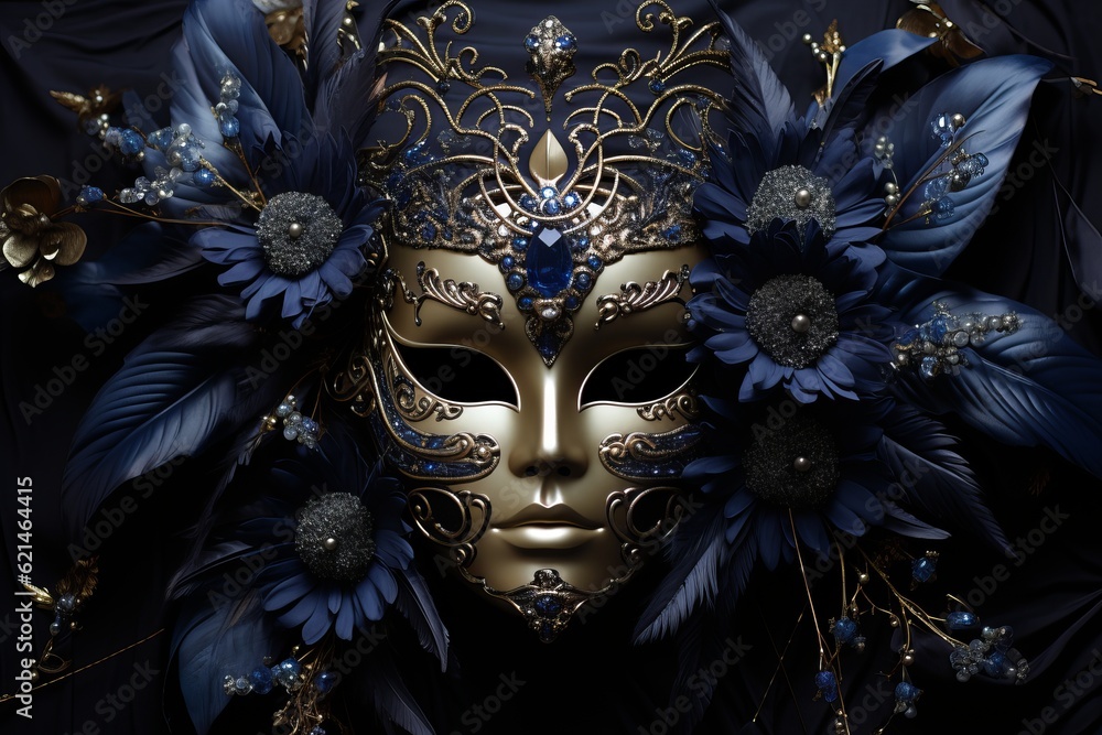 Carnival mask decorated with gold, precious stones and flowers. Illustration, Generative AI