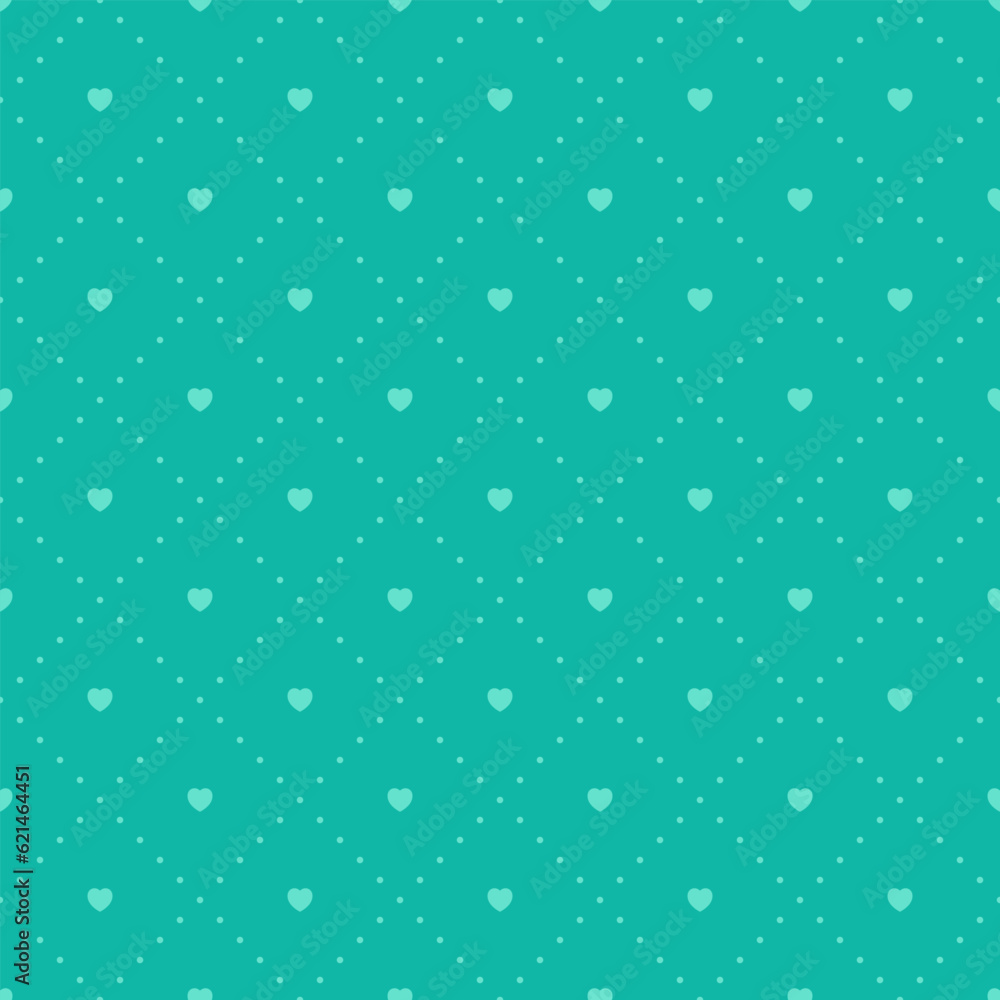 Seamless geometric pattern with hearts. Green repeating texture. Vector illustration.