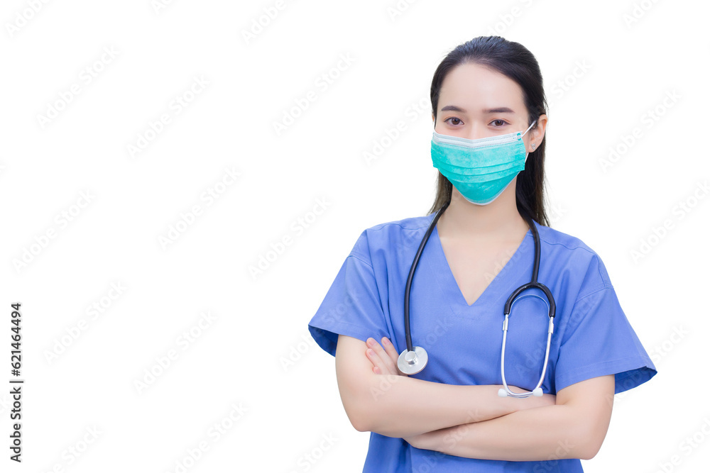 Professional young Asian woman doctor who she has black long hair wears medical face mask and wear stethoscope and blue lab coat as uniform while arm cross while isolated on white background. Professional young Asian woman doctor who she has black long hair wears medical face mask and wear stethoscope and blue lab coat as uniform while arm cross while isolated on white background.