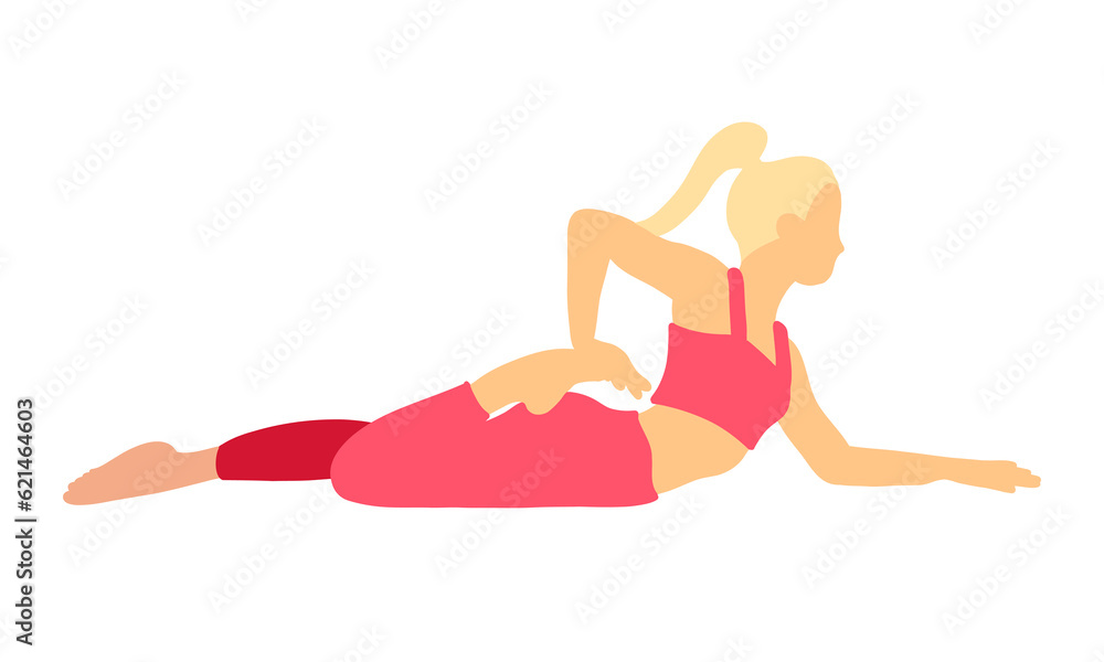 Training pilates yoga pose. Blonde sport ponytail hair female, lady, woman, girl. Meditation, mental health, fitness, gym. Vector illustration in cartoon flat style isolated on white background.