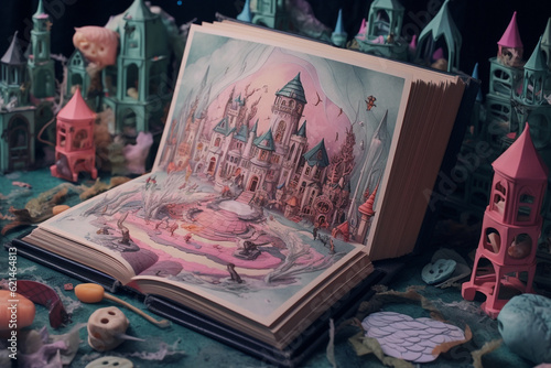 World book day, fantasy, and leisure concept. 3D style Illustration of magical horror book with fantasy stories inside it colored in pastel colors. Generative AI