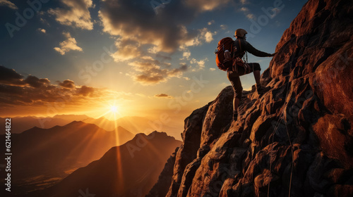 Hiker on the top of a mountain in the rays of the rising sun, banner, background
