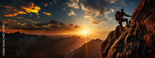 Hiker on the top of a mountain in the rays of the rising sun, banner, background