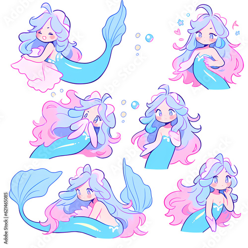Clip art, character design sheet, Set of A cute mermaid isolated 