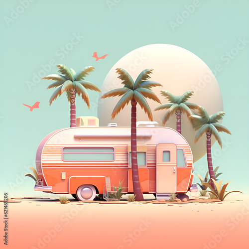 illustration of a caravan camping in the desert with palm trees  Generative AI