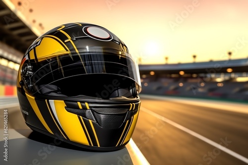 A helmet on a motor racing track photo