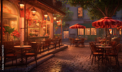  a painting of a restaurant with tables and umbrellas on a cobblestone street. generative ai
