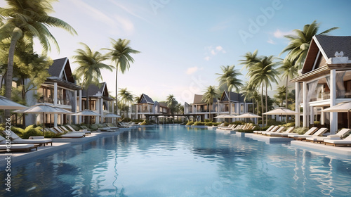 A tranquil retirement village in Thailand near a beach with beautiful buildings and a pool, travel, hotel, coconut tree, house, luxury, Ai generate. © PHAP