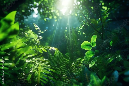 Lush canopy of a rainforest a light beam