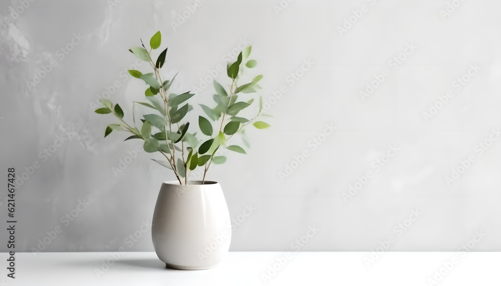 Green eucalyptus leaves in vase on white table. Minimalist still life. Light and shadow nature. Place for text, copy space, empty space. Green eucalyptus leaves in vase on white table. Minimalist still life. Light and shadow nature. Place for text, copy space, empty space.