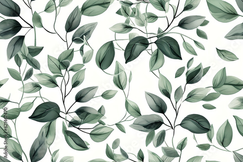 Green plant leaves pattern background, Pencil hand drawn natural illustration, Simple, minimal, clean design.