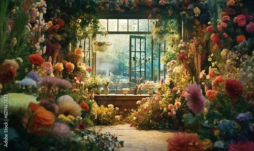  a room filled with lots of different types of flowers and plants.  generative ai © Anna