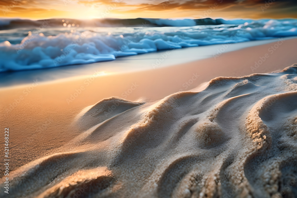 Closeup sea sand beach. Panoramic beach landscape during sunset. Orange and golden sunset sky calmness tranquil relaxing sunlight summer mood