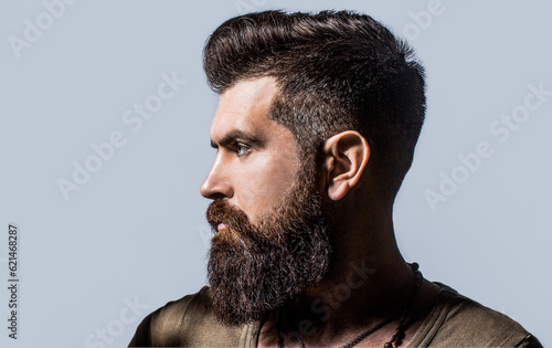 Side view portrait of stylish young man. Perfect beard. Close-up of young bearded man, stylish hairstyle, beard. Side view bearded man isolated on gray background. Man's haircut in barber shop photo