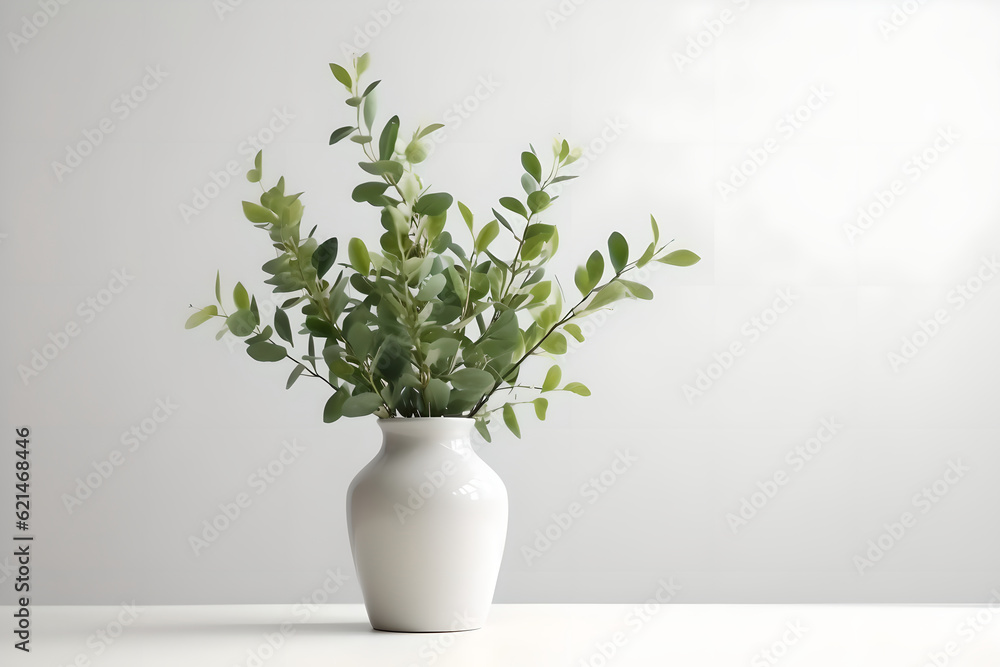 Green eucalyptus leaves in vase on white table. Minimalist still life. Light and shadow nature. Place for text, copy space, empty space. Green eucalyptus leaves in vase on white table. Minimalist still life. Light and shadow nature. Place for text, copy space, empty space.