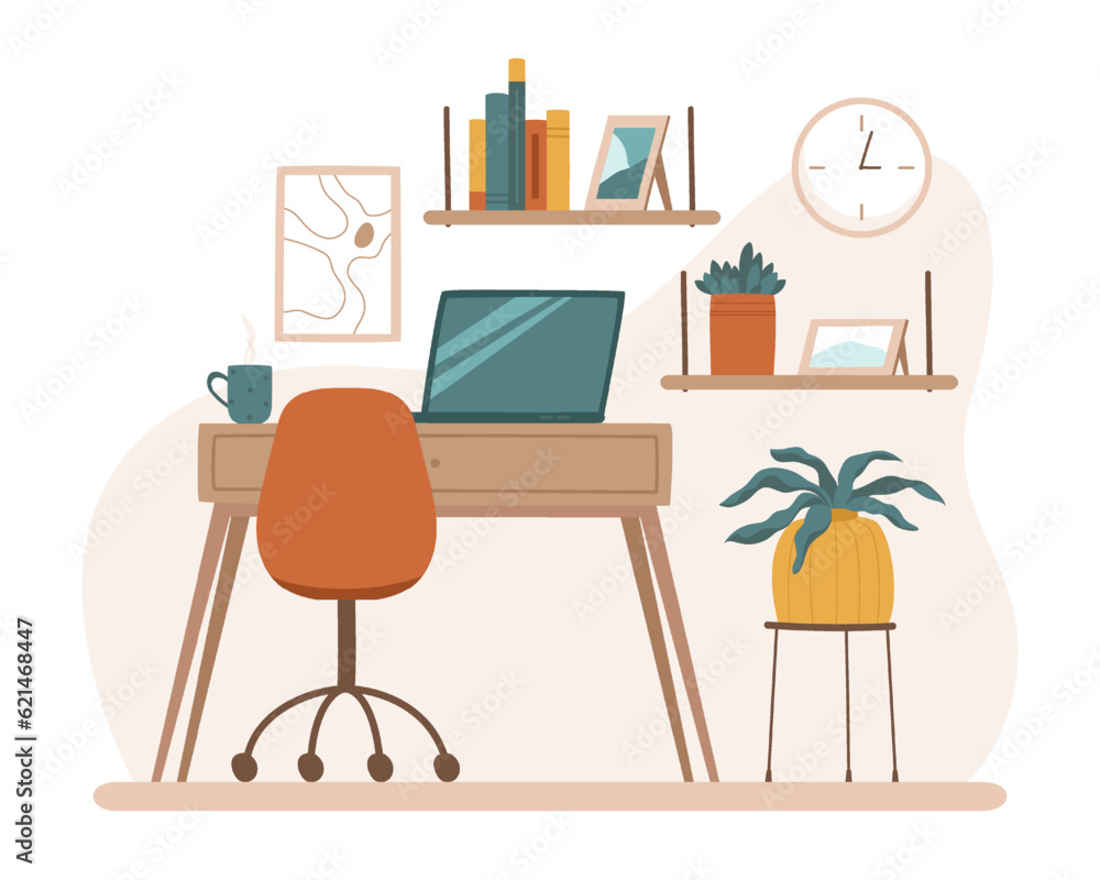 Workplace for remote work. Work table with a chair in the interior. Indoor plants, a bookshelf complement the workspace. Flat vector illustration.