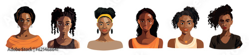 African American girls avatars set. Portraits of young afro black women with trendy hairstyles, curls, wavy curly hair. Flat graphic vector illustration isolated on white background