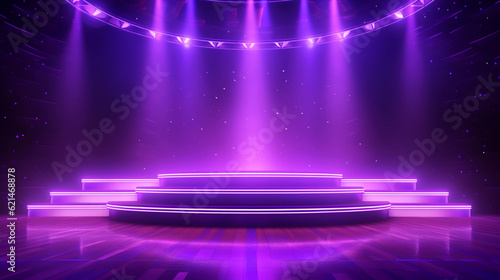 Empty purple festive stage with light beams and shines glow, empty room at night background with copy space for award ceremony, jubilee or product presentations. Generative AI