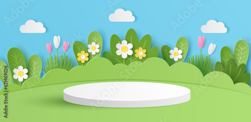 Paper cut of white cylinder podium with spring landscape, green nature background for products display presentation. Vector illustration
