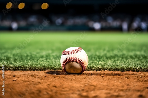 Closeup white old baseball ball during game at stadium illuminated by the headlights. Evening Light on the baseball Field