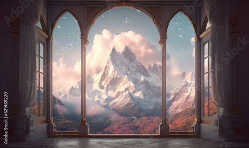  a window with a view of a snowy mountain and clouds. generative ai